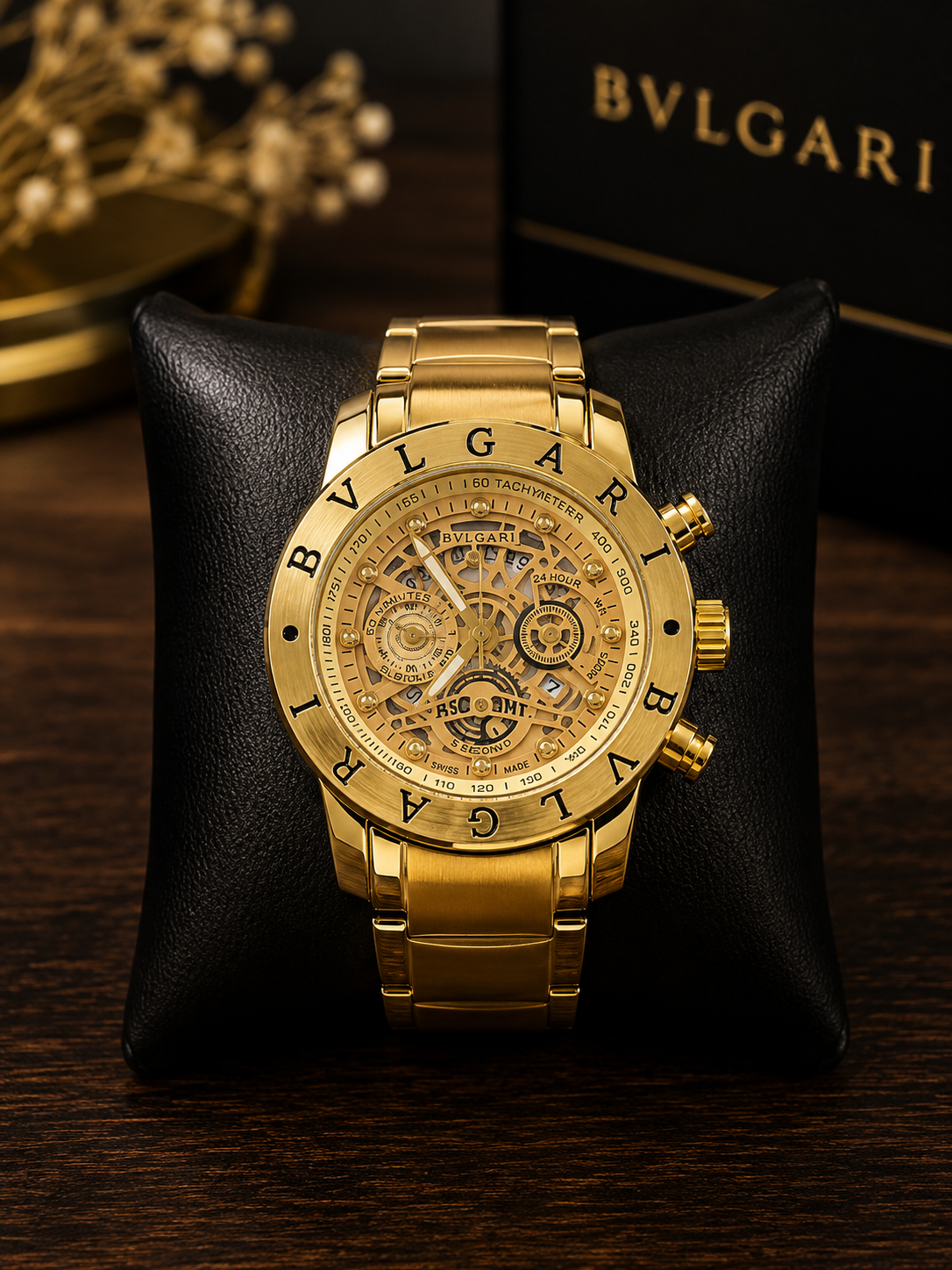 Relógio Esqueleto Bvgari Masculino Dourado de Aço e Cerâmica com Cronógrafo